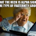 grandma going on the internet | WHAT THE HECK IS ALPHA SIGMA, SOME TYPE OF FRATERNITY GROUP? | image tagged in memes,grandma finds the internet,sigma,gen alpha | made w/ Imgflip meme maker