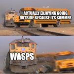 Buttholes with wings | ACTUALLY ENJOYING GOING OUTSIDE BECAUSE ITS SUMMER; WASPS | image tagged in a train hitting a school bus | made w/ Imgflip meme maker