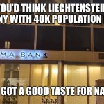 Da sigma bank ? | YOU’D THINK LIECHTENSTEIN IS TINY WITH 40K POPULATION BUT…; THEY GOT A GOOD TASTE FOR NAMES! | image tagged in sigma bank,lol,memes | made w/ Imgflip meme maker