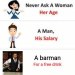 Don't, just don't | A barman; For a free drink | image tagged in never ask a woman her age | made w/ Imgflip meme maker