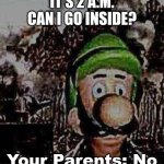 GO OUTSIDE 3 | IT'S 2 A.M. CAN I GO INSIDE? Your Parents: No | image tagged in luigi yard stare,luigi | made w/ Imgflip meme maker