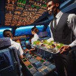 male flight attendant brings meal tray to all-female cockpit cre