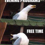 WHY SO MANY TACOS | WHEN YOU EAT TO MANY TACOS; EVENING PROGRAMS; FREE TIME; MIDNIGHT | image tagged in memes,inhaling seagull | made w/ Imgflip meme maker