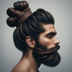 Man with huge human bun and beard tied into it too.