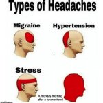 Types of Headaches meme | A monday morning after a fun weekend | image tagged in types of headaches meme | made w/ Imgflip meme maker