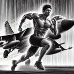 a man running as fast as he could in front of a jet