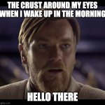 crusty | THE CRUST AROUND MY EYES WHEN I WAKE UP IN THE MORNING; HELLO THERE | image tagged in memes,hello there | made w/ Imgflip meme maker