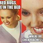 Wait a minuet..... | BED BUGS LIVE IN THE BED; WHERE DO COCKROACHES LIVE... | image tagged in wait what,cursed,eww,make you think,funny | made w/ Imgflip meme maker