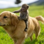 monkey riding dog