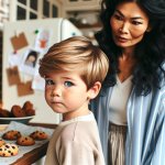 Kid looking guilty and looking back at his mom