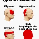 Headache | Girls laughing in the back of the bus | image tagged in headaches | made w/ Imgflip meme maker