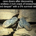 F | cave divers after discovering "The endless 2 inch crack of lonesomeness and despair" with a 0% survival rate | image tagged in cave divers,memes | made w/ Imgflip meme maker