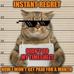 Smooth Criminal | INSTANT REGRET; DIDN'T DO MY TIMESHEET; NOW I WON'T GET PAID FOR A MONTH | image tagged in criminal cat,timesheet reminder,timesheet meme,aint nobody got time for that | made w/ Imgflip meme maker