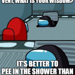 this one's overhated | O IMPOSTOR OF THE VENT, WHAT IS YOUR WISDOM? IT'S BETTER TO PEE IN THE SHOWER THAN SHOWERING IN THE PEE | image tagged in impostor of the vent | made w/ Imgflip meme maker