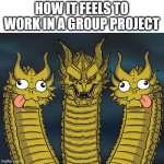 group project | HOW IT FEELS TO WORK IN A GROUP PROJECT | image tagged in three headed dragon but stupid,three-headed dragon,group project,group,group projects,project | made w/ Imgflip meme maker