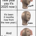 Panik Kalm Panik | Happy new year yay it's 2025 now:); It's been 2 months now from the new year:(; And 1 dayㅜㅡㅜ | image tagged in memes,panik kalm panik,kalm kalm panik,the moment you realize,cinema,my face when | made w/ Imgflip meme maker