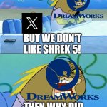 (Almost) Everybody's reaction to Shrek 5 | BUT WE DON'T LIKE SHREK 5! THEN WHY DID YOU ASK FOR IT? | image tagged in but i don't like pistachio | made w/ Imgflip meme maker