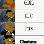 Bruhcool | COOL; HOT; RIZZ; Charisma | image tagged in tuxedo winnie the pooh 4 panel,rizz,bruh,stuff | made w/ Imgflip meme maker