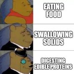 Poohs language has exceeded the human limit. | EATING FOOD; SWALLOWING SOLIDS; DIGESTING EDIBLE PROTEINS | image tagged in fancy pooh | made w/ Imgflip meme maker