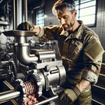 man in camouflaged military outfit with meat grinder