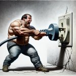 man pulls enormous electrical plug from socket