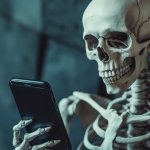 A skeleton staring at their phone