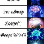 I thought of this at night | awake; not asleep; sleepn't; sleepn'tn'tn't; sleepnt'n'tn'tn'tn't | image tagged in expanding brain 5 panel,sleep,words,wrong words,silly words,smart | made w/ Imgflip meme maker