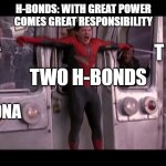 Only for biochem students | H-BONDS: WITH GREAT POWER COMES GREAT RESPONSIBILITY; A; T; TWO H-BONDS; DNA | image tagged in spiderman train | made w/ Imgflip meme maker