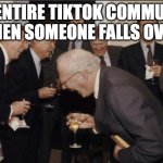 Laughing Men In Suits | THE ENTIRE TIKTOK COMMUNITY WHEN SOMEONE FALLS OVER: | image tagged in memes,laughing men in suits | made w/ Imgflip meme maker