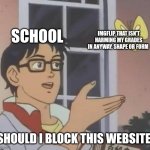 Is This A Pigeon | SCHOOL; IMGFLIP THAT ISN'T HARMING MY GRADES IN ANYWAY, SHAPE OR FORM; SHOULD I BLOCK THIS WEBSITE? | image tagged in memes,is this a pigeon | made w/ Imgflip meme maker