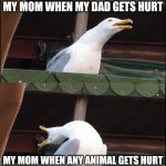 "How dare you hurt my son!" | MY MOM WHEN ANY INNOCENT PERSON GETS HURT; MY MOM WHEN MY DAD GETS HURT; MY MOM WHEN ANY ANIMAL GETS HURT; MY MOM WHEN I GET HURT | image tagged in memes,inhaling seagull,mom,funny | made w/ Imgflip meme maker