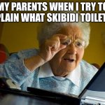 Grandma Finds The Internet | MY PARENTS WHEN I TRY TO EXPLAIN WHAT SKIBIDI TOILET IS | image tagged in memes,grandma finds the internet | made w/ Imgflip meme maker