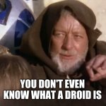 The Force Sucking your mind dry | YOU DON'T EVEN KNOW WHAT A DROID IS | image tagged in not these droids,these arent the droids you were looking for,you mind is blank | made w/ Imgflip meme maker