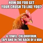 Anti Joke Chicken Meme | HOW DO YOU GET YOUR CRUSH TO LIKE YOU? A TOWEL, CHLOROFORM, TAPE AND IN THE BACK OF A VAN | image tagged in memes,anti joke chicken | made w/ Imgflip meme maker