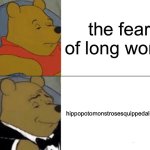 everybody knows this is true | the fear of long words; hippopotomonstrosesquippedaliophobia | image tagged in memes,tuxedo winnie the pooh | made w/ Imgflip meme maker