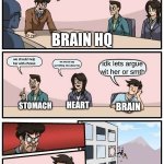 Boardroom Meeting Suggestion Meme | alright, how are we going to convince our mother to let us play games? BRAIN HQ; we should help her with chores; we should say something nice about her; idk lets argue wit her or smth; STOMACH; HEART; BRAIN | image tagged in memes,boardroom meeting suggestion | made w/ Imgflip meme maker