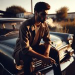 Man sitting on a car hood with a cigarette template