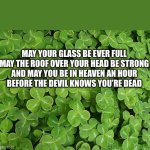 shamrocks | MAY YOUR GLASS BE EVER FULL 

MAY THE ROOF OVER YOUR HEAD BE STRONG 

AND MAY YOU BE IN HEAVEN AN HOUR 

BEFORE THE DEVIL KNOWS YOU’RE DEAD | image tagged in shamrocks | made w/ Imgflip meme maker