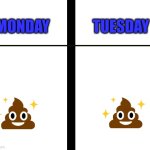 Same Shit Different Day | TUESDAY; MONDAY | image tagged in blank white template | made w/ Imgflip meme maker