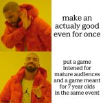 roblox be like | make an actualy good even for once; put a game intened for mature audiences and a game meant for 7 year olds in the same event | image tagged in memes,drake hotline bling,roblox,roblox meme | made w/ Imgflip meme maker