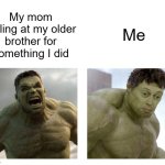 Don't say anything | Me; My mom yelling at my older brother for something I did | image tagged in hulk angry then realizes he's wrong,memes,relatable,sibling rivalry | made w/ Imgflip meme maker