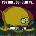 ERP | POV KNEE SURGERY IS…; TOMORROW! | image tagged in jake the dog internal screaming,knee surgery | made w/ Imgflip meme maker