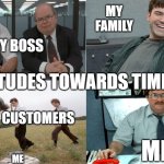 Boss targets me for layoff, customers hate me, family thinks everything's fine, I just want what I'm entitled to w/o backlash | MY FAMILY; MY BOSS; ATTITUDES TOWARDS TIME OFF; MY CUSTOMERS; ME; ME | image tagged in attitude | made w/ Imgflip meme maker