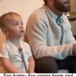 Oh, never mind! | Son happy for wrong team and
corrected it as he saw his dad! | image tagged in gifs,adoable,son,mimics father,relatable,wholesome content | made w/ Imgflip video-to-gif maker