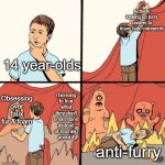 Average anti-furry (remade) | Actively looking up furry content to leave hate comments; 14 year-olds; Obsessing over faux fur & foam; choosing to fear what they don't understand instead of learning about it; anti-furry | image tagged in man makes his own monsters from cardboard,furry memes,anti furry | made w/ Imgflip meme maker