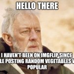 it's been a long, long time | HELLO THERE; I HAVEN'T BEEN ON IMGFLIP SINCE 
PEOPLE POSTING RANDOM VEGETABLES WERE 
POPULAR | image tagged in memes,obi wan kenobi | made w/ Imgflip meme maker