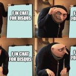 RIP Disqus (In the scan community) | F IN CHAT FOR DISQUS; F IN CHAT FOR DISQUS; F IN CHAT FOR DISQUS; F IN CHAT FOR DISQUS | image tagged in gru's presentation | made w/ Imgflip meme maker