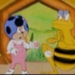 Babicinel transforming Levallois the bee into a frog | image tagged in babicinel from cococinel 1992,cococinel,cocomiel,blue ladybug,90s ladybug cartoon,ladybird | made w/ Imgflip meme maker