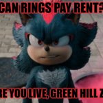 Can rings pay rent? | CAN RINGS PAY RENT? WHERE YOU LIVE, GREEN HILL ZONE? | image tagged in shadow's compliment | made w/ Imgflip meme maker