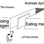 Vegans...... | Animals dying; Going vegan; Eating meat | image tagged in illusion of free choice | made w/ Imgflip meme maker